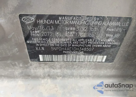 2013 Hyundai Elantra Gls/Limited from USA, damaged, VIN 5NPDH4AE1DH348507